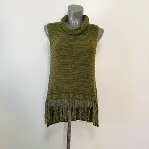Esprit Olive Green Sleeveless Cowlneck Fringe Front Knit Top Size XL